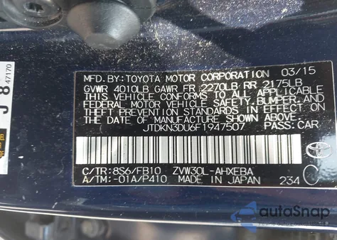 2015 Toyota Prius Two from USA, damaged, VIN JTDKN3DU6F1947507